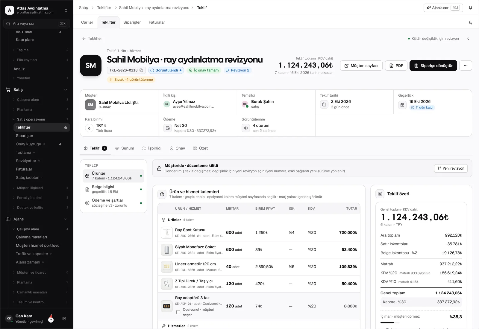 Müşterinin online onaylayabildiği teklifler