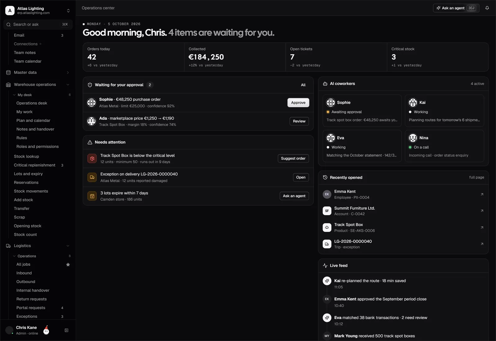 Dika Ops operations center: approvals, AI coworkers, and live feed