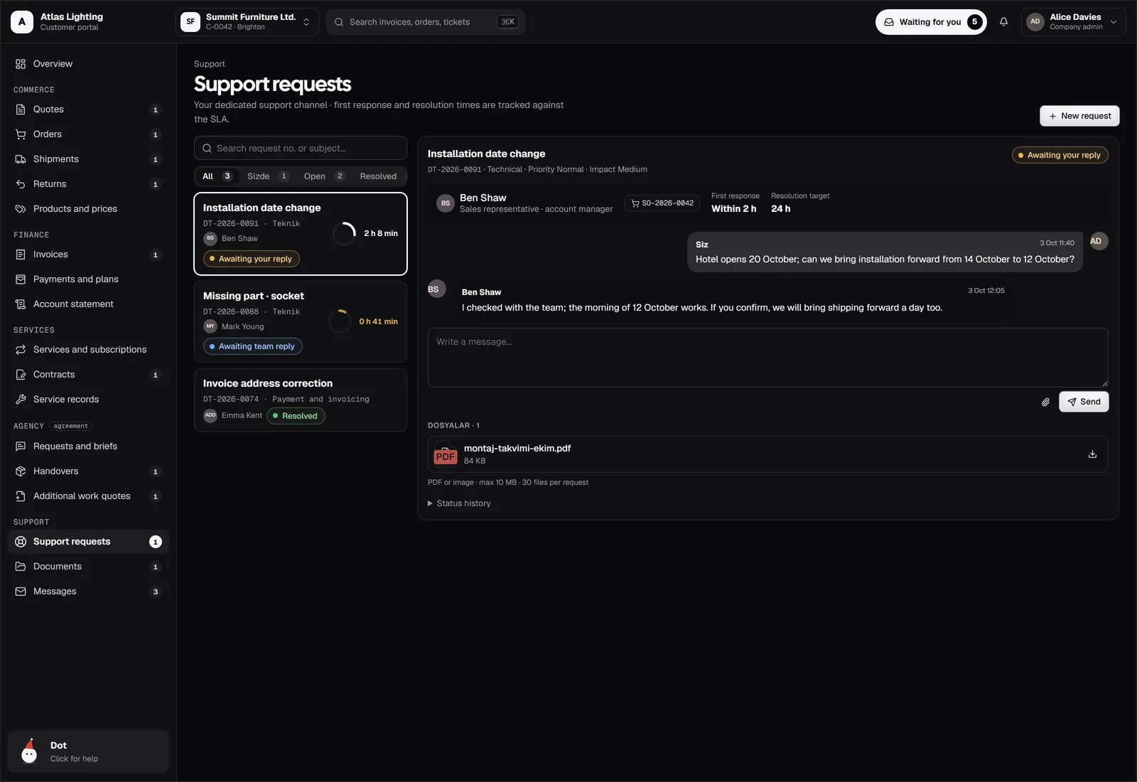 Support, documents, and messages