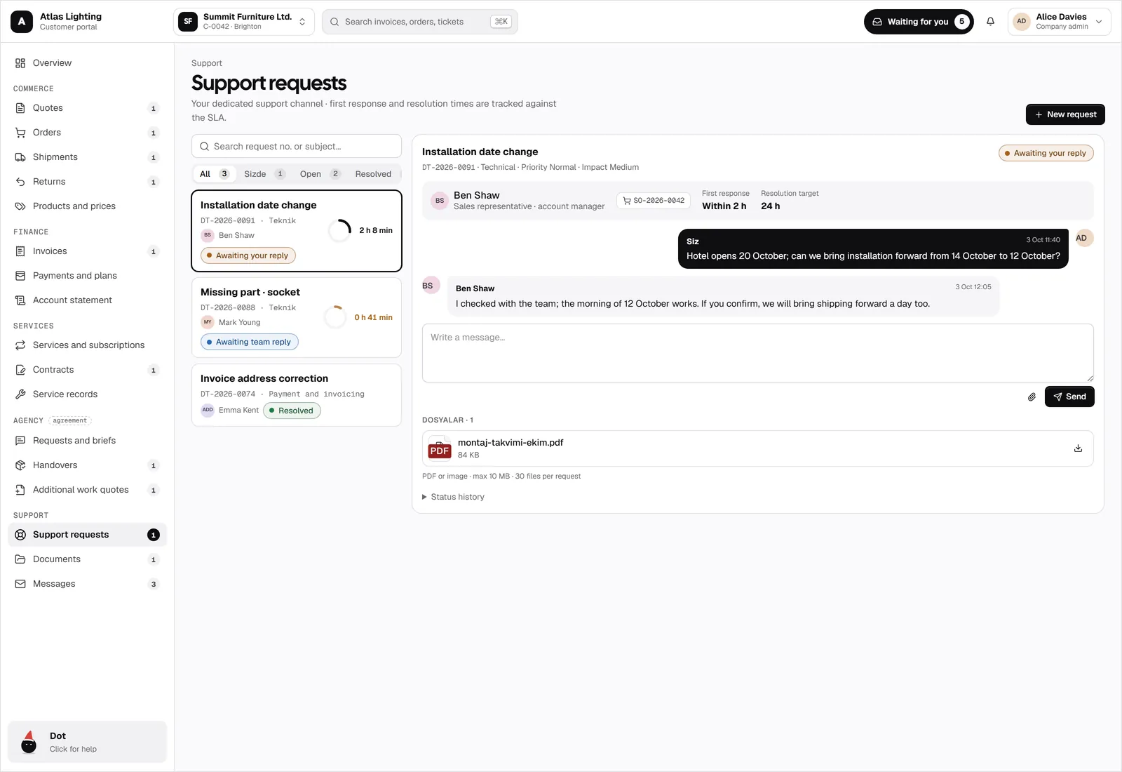 Support, documents, and messages