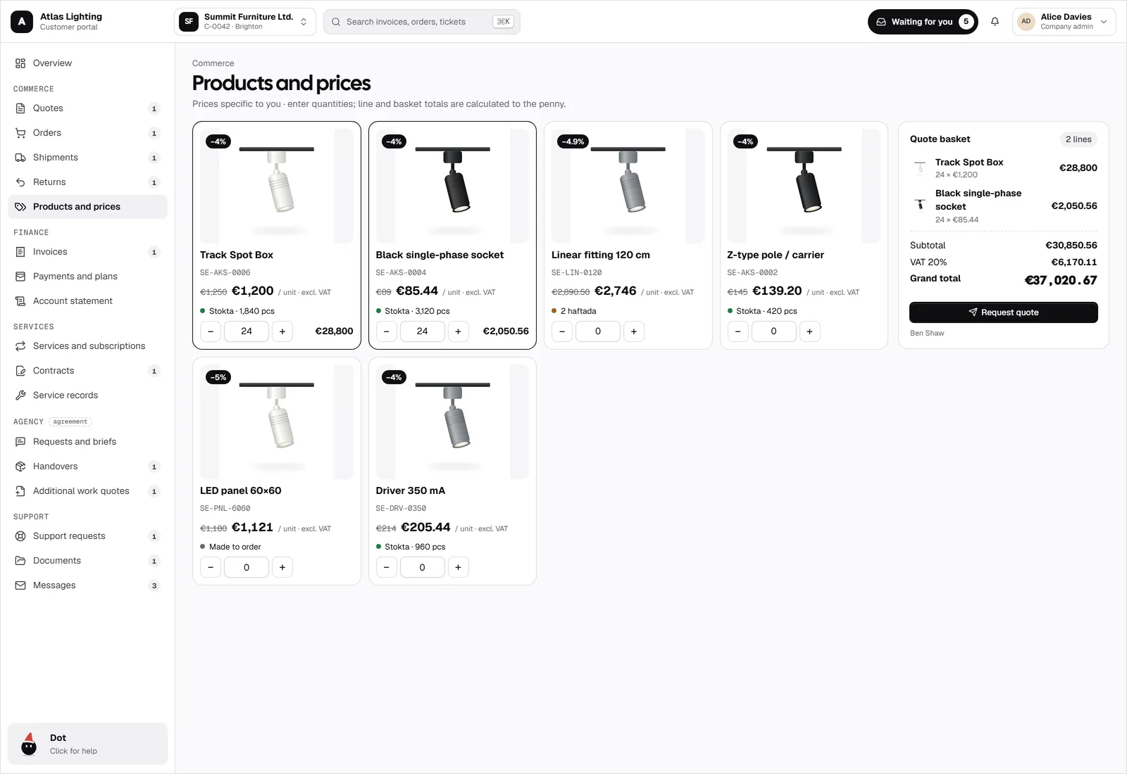 Products, prices, and quote baskets
